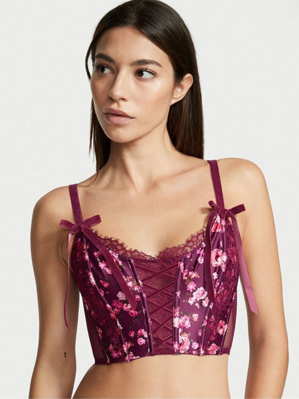 VICTORIA'S SECRET Peony Trellis Maroon Floral Lace Satin Bustier Top, Size M